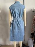 Casual Lapel Sleeveless Button Open Chest Waist Belted Denim Dress