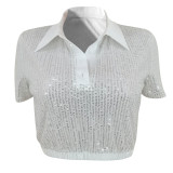 Fashionable Temperament Casual Sequins Short-Sleeved Polo Shirt