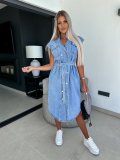 Casual Lapel Sleeveless Button Open Chest Waist Belted Denim Dress