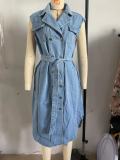 Casual Lapel Sleeveless Button Open Chest Waist Belted Denim Dress