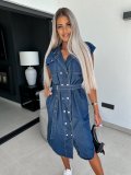 Casual Lapel Sleeveless Button Open Chest Waist Belted Denim Dress