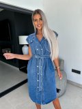 Casual Lapel Sleeveless Button Open Chest Waist Belted Denim Dress