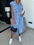 Casual Lapel Sleeveless Button Open Chest Waist Belted Denim Dress