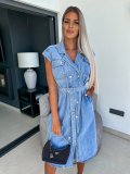 Casual Lapel Sleeveless Button Open Chest Waist Belted Denim Dress