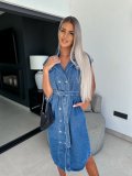 Casual Lapel Sleeveless Button Open Chest Waist Belted Denim Dress
