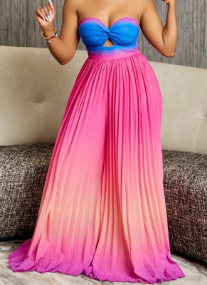 Sexy Tube Top and Backless Fashion Gradient Color Wide Leg Jumpsuit