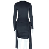 Solid Color Round Neck Long Sleeve Lace Up Floral Hip Dress