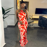 Printed Sleeveless Halter Neck Three-dimensional Flower Hip Cover Dress
