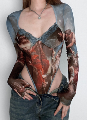 Mesh Butterfly Print High Waist Long Sleeve Slim Fit Jumpsuit