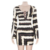 Round Neck Long Sleeve Striped Print Slim Fit Short Dress