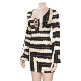 Round Neck Long Sleeve Striped Print Slim Fit Short Dress