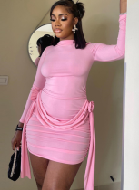 Solid Color Round Neck Long Sleeve Lace Up Floral Hip Dress