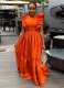 Orange Ruffled Short-Sleeved Round-Neck Long Dress