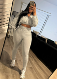 Sexy Drawstring Waist Exposed Belly Button Top High Waist Tight Pants Two Piece Set