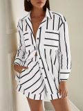 Casual Striped Contrasting Color Stitching Printed Striped Cardigan Shirt and Shorts Suit