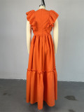 Orange Ruffled Short-Sleeved Round-Neck Long Dress