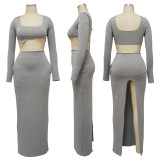 Autumn Long-sleeved Skirt Suit U-neck Navel Exposed Fashionable Two-piece Set
