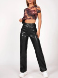 Stylish High Waist Buttoned PU Leather Pocket Straight Pants