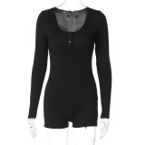 Solid Color Ribbed U-neck Buttoned Tight Sports Yoga Jumpsuit