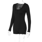 Solid Color Ribbed U-neck Buttoned Tight Sports Yoga Jumpsuit