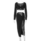 Sexy Tight High Waist Slit Skirt Two Piece Set