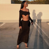 Autumn Long-sleeved Skirt Suit U-neck Navel Exposed Fashionable Two-piece Set