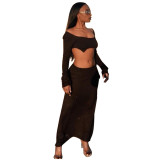 Autumn Long-sleeved Skirt Suit U-neck Navel Exposed Fashionable Two-piece Set