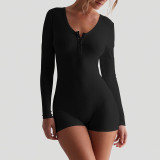 Solid Color Ribbed U-neck Buttoned Tight Sports Yoga Jumpsuit