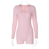 Solid Color Ribbed U-neck Buttoned Tight Sports Yoga Jumpsuit