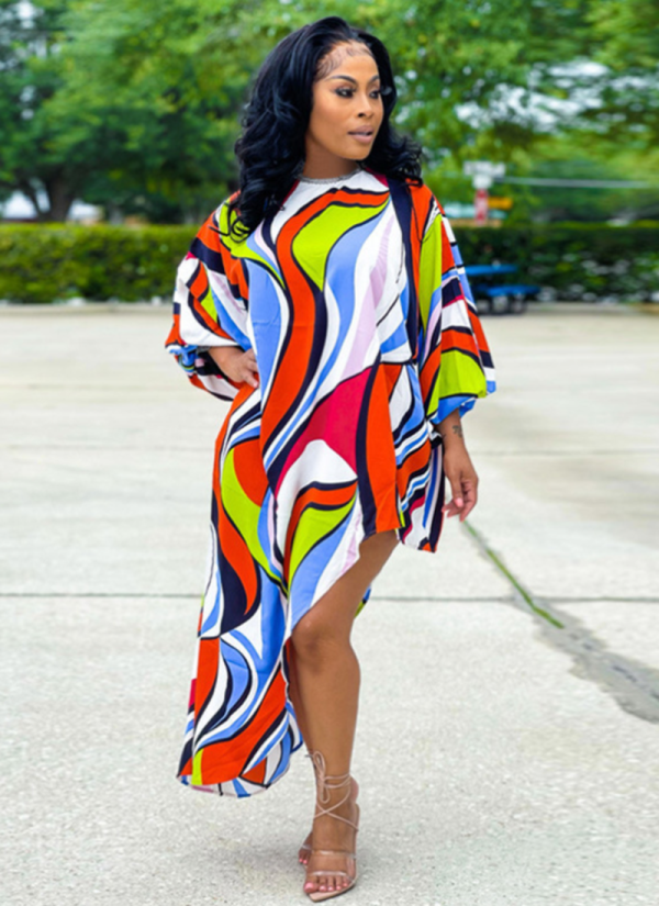 Loose Waist Striped Printed Irregular Dress