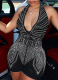 Black Hot Diamond Deep V Backless Halter Neck Jumpsuit Shorts