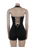 Black Hot Diamond Deep V Backless Halter Neck Jumpsuit Shorts