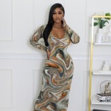 Autumn New U-neck Slim Printed Long-sleeved High-waisted Dress