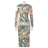 Autumn New U-neck Slim Printed Long-sleeved High-waisted Dress