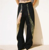 See-through Mesh Laser Studded Patchwork Washed High-waisted Wide-leg Jeans
