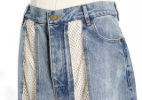 See-through Mesh Laser Studded Patchwork Washed High-waisted Wide-leg Jeans