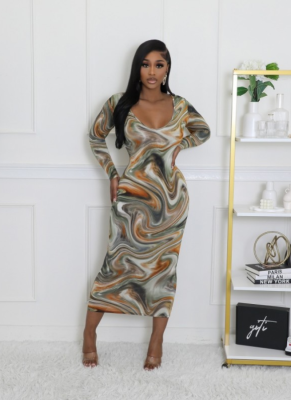 Autumn New U-neck Slim Printed Long-sleeved High-waisted Dress