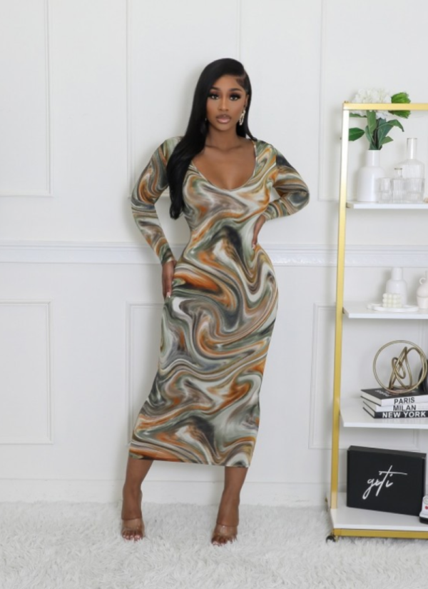 Autumn New U-neck Slim Printed Long-sleeved High-waisted Dress