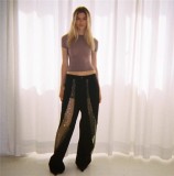 See-through Mesh Laser Studded Patchwork Washed High-waisted Wide-leg Jeans