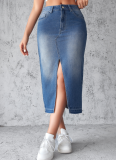 Women's Blue Denim Skirt Slit Hip-Hugging Slim Long Skirt