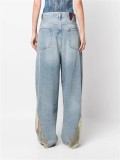 See-through Mesh Laser Studded Patchwork Washed High-waisted Wide-leg Jeans