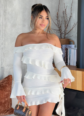 Solid Color One-shoulder Long-sleeved Patchwork Ear-trimmed Ribbon Dress