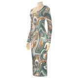 Autumn New U-neck Slim Printed Long-sleeved High-waisted Dress