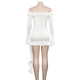 Solid Color One-shoulder Long-sleeved Patchwork Ear-trimmed Ribbon Dress