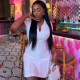 Sexy Lapel Zipper Short Sleeve Dress-White