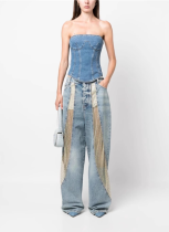 See-through Mesh Laser Studded Patchwork Washed High-waisted Wide-leg Jeans