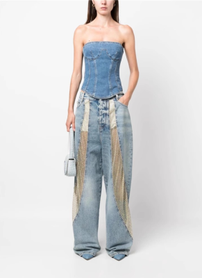 See-through Mesh Laser Studded Patchwork Washed High-waisted Wide-leg Jeans