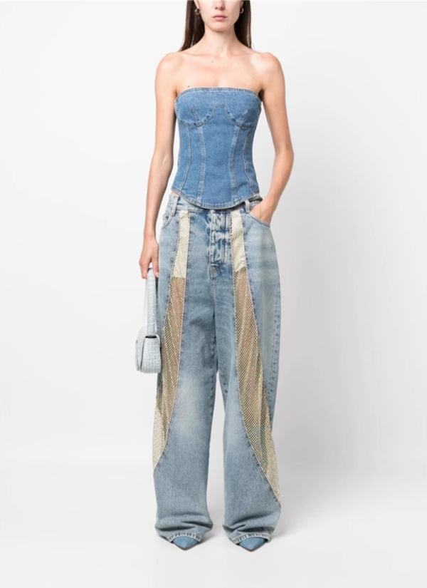 See-through Mesh Laser Studded Patchwork Washed High-waisted Wide-leg Jeans