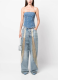 See-through Mesh Laser Studded Patchwork Washed High-waisted Wide-leg Jeans