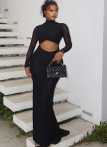 Casual Temperament Mesh Splicing Long-sleeved Hollow Dress